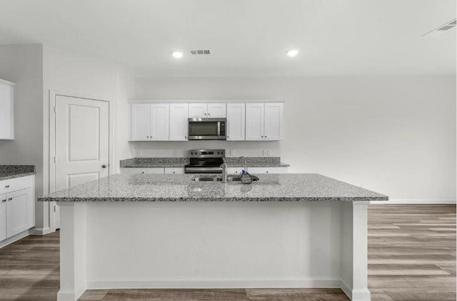 kitchen with a center island with sink, visible vents, a sink, white cabinets, and appliances with stainless steel finishes