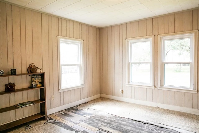 unfurnished room with plenty of natural light, baseboards, and wood walls