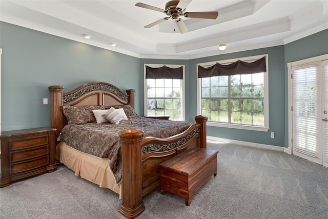 bedroom with multiple windows, a raised ceiling, carpet floors, and access to outside