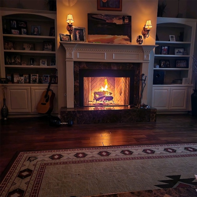 room details with a high end fireplace and wood finished floors