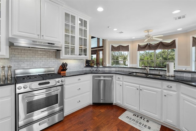 kitchen featuring visible vents, a sink, decorative backsplash, appliances with stainless steel finishes, and under cabinet range hood