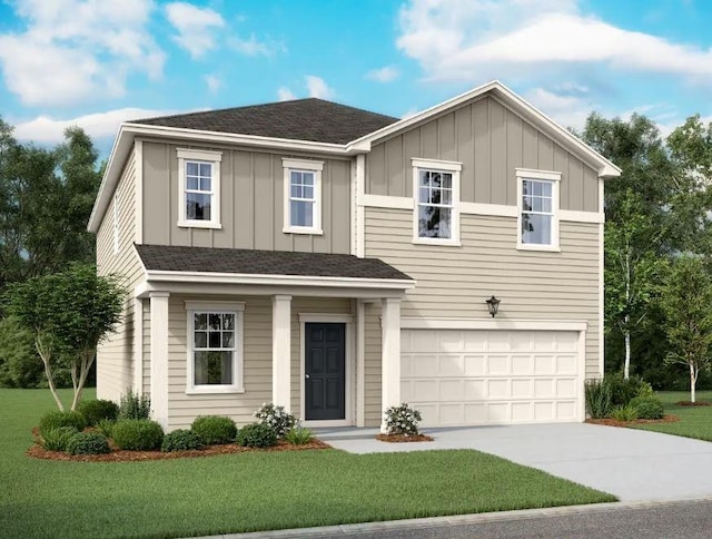 traditional-style house featuring a garage, board and batten siding, concrete driveway, and a front yard