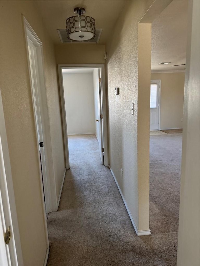 corridor with carpet, baseboards, and a textured wall