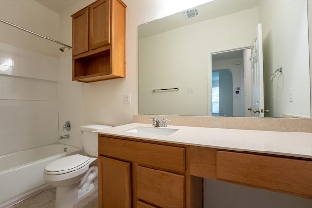 bathroom featuring tile patterned flooring, visible vents, toilet, shower / tub combination, and vanity