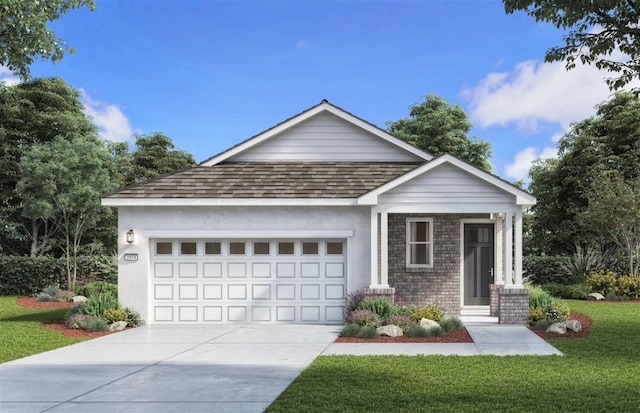 ranch-style home with concrete driveway, a front yard, roof with shingles, stucco siding, and a garage