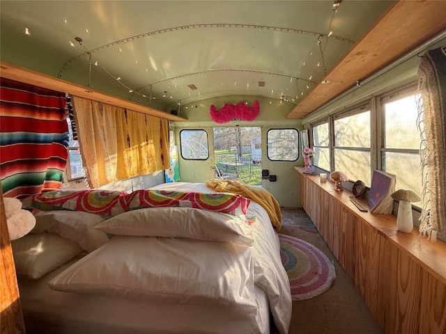 bedroom with multiple windows and lofted ceiling