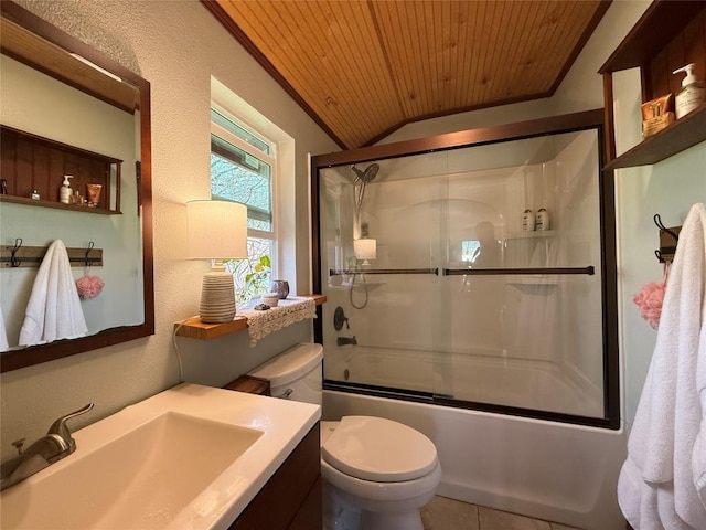 full bath with vanity, vaulted ceiling, wood ceiling, toilet, and combined bath / shower with glass door