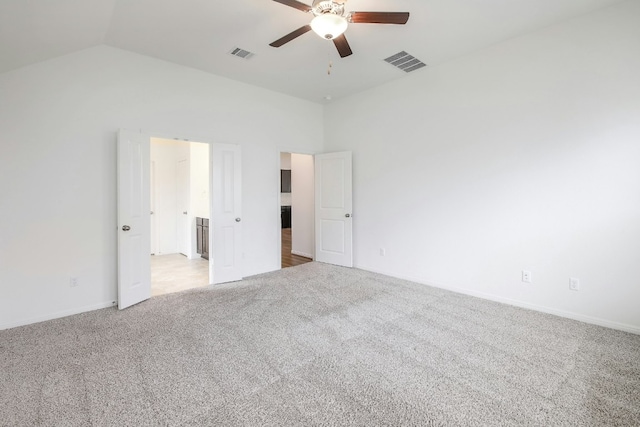 unfurnished bedroom featuring visible vents, carpet floors, and ceiling fan