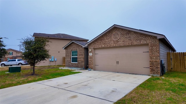 ranch-style home featuring fence, driveway, a front lawn, a garage, and brick siding