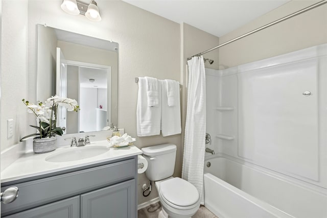 full bathroom with toilet, shower / tub combo with curtain, and vanity