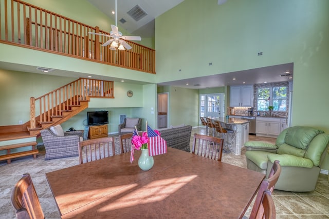 dining area with stairway, recessed lighting, a ceiling fan, and visible vents