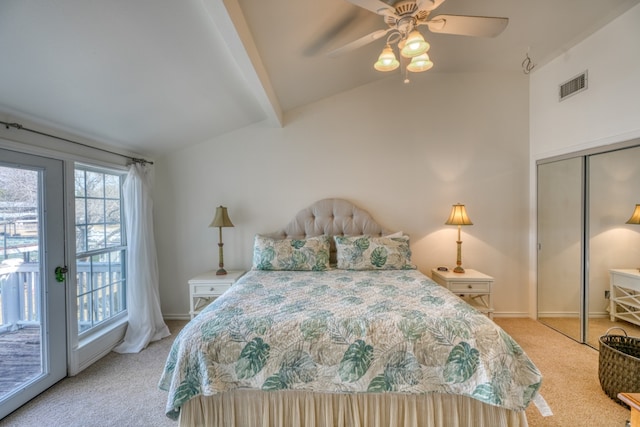 carpeted bedroom featuring visible vents, baseboards, lofted ceiling with beams, a ceiling fan, and access to outside