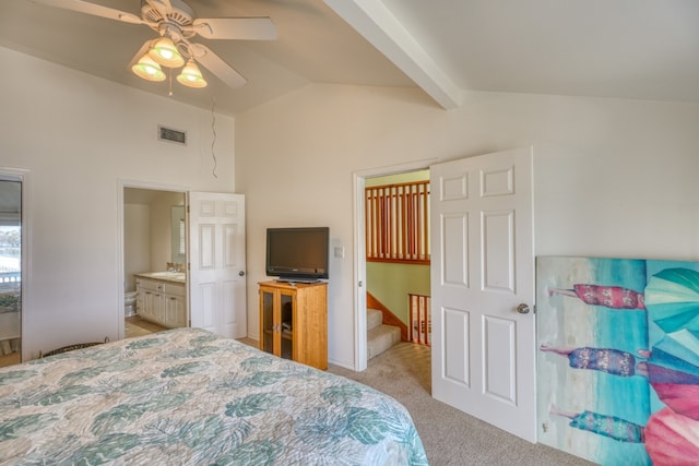 bedroom with lofted ceiling with beams, visible vents, and carpet