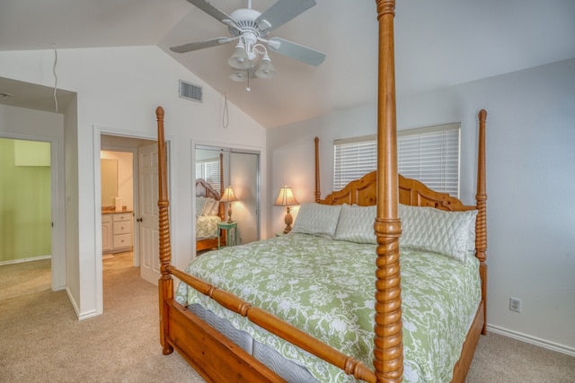 bedroom featuring visible vents, ceiling fan, light colored carpet, vaulted ceiling, and a closet