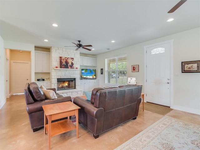 551 Gatlin Creek Rd, Dripping Springs, TX 78620 - living area with a ceiling fan, recessed lighting, a fireplace, and baseboards
