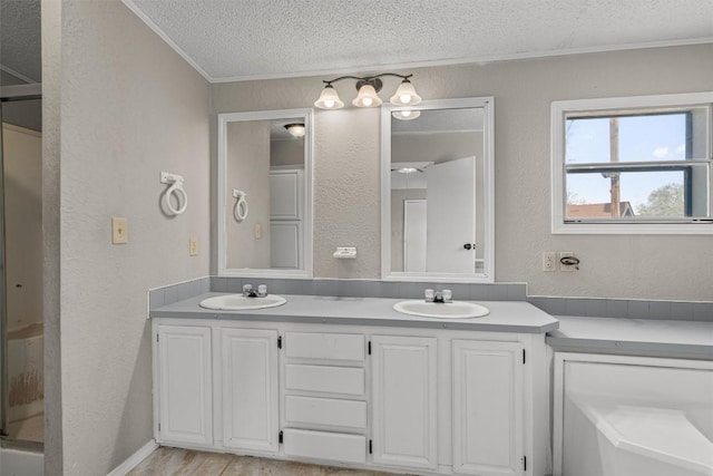 172 Hershal Ln, Cedar Creek, TX 78612 - full bathroom featuring a textured ceiling, a shower with shower door, ornamental molding, double vanity, and a textured wall