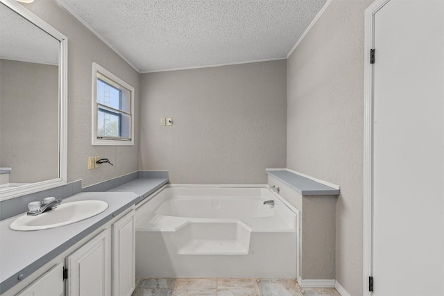 full bathroom with a textured ceiling, a bath, vanity, and a textured wall