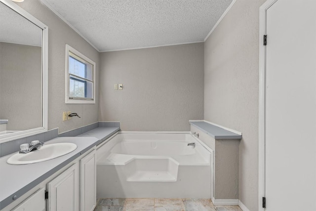 172 Hershal Ln, Cedar Creek, TX 78612 - full bath featuring a textured ceiling, a bath, vanity, and crown molding