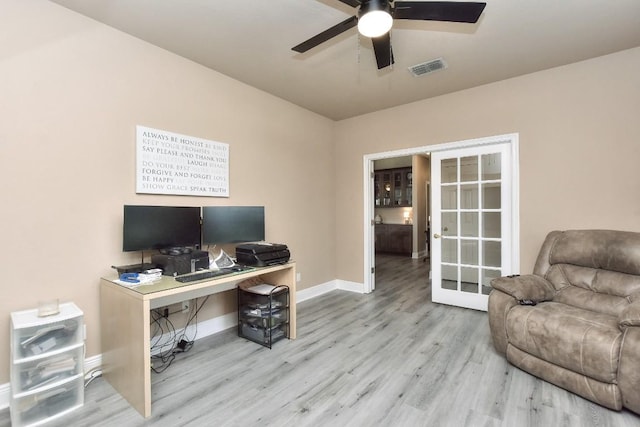 office with visible vents, a ceiling fan, baseboards, and wood finished floors