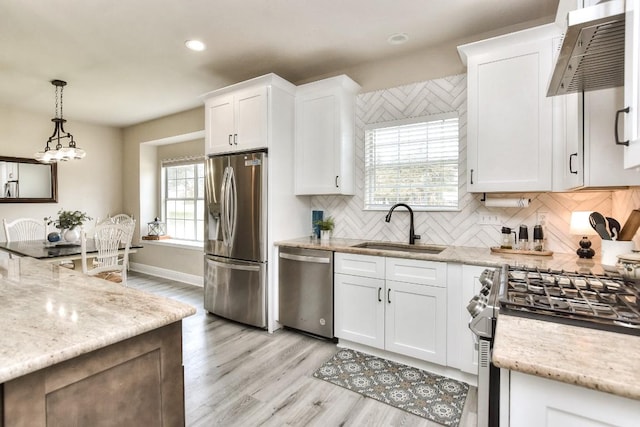 kitchen featuring backsplash, exhaust hood, white cabinets, stainless steel appliances, and a sink