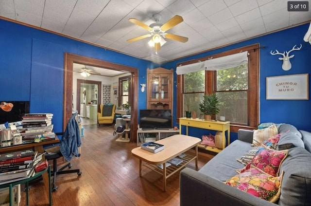 interior space featuring a ceiling fan and wood-type flooring