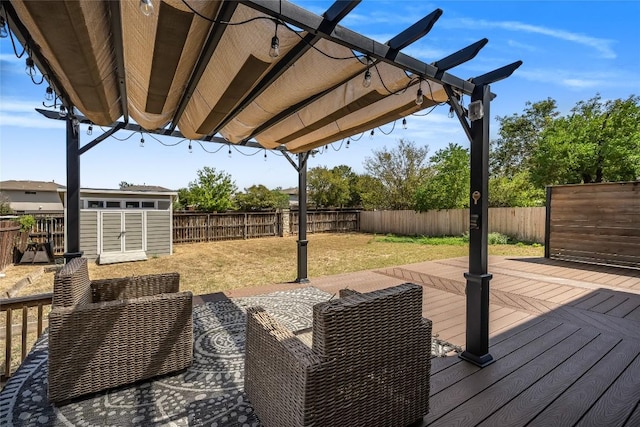 deck with an outdoor structure, a storage shed, a fenced backyard, and a pergola