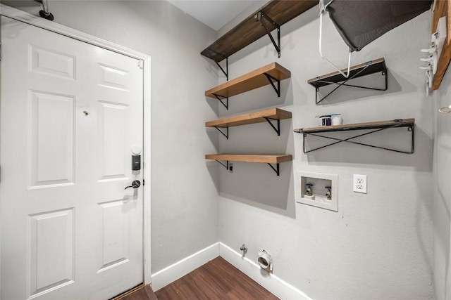 laundry room featuring baseboards, laundry area, hookup for a washing machine, hookup for a gas dryer, and dark wood-style flooring