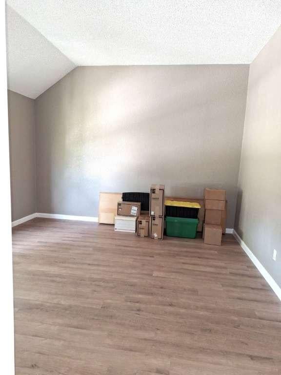 additional living space featuring a textured ceiling, wood finished floors, baseboards, and vaulted ceiling