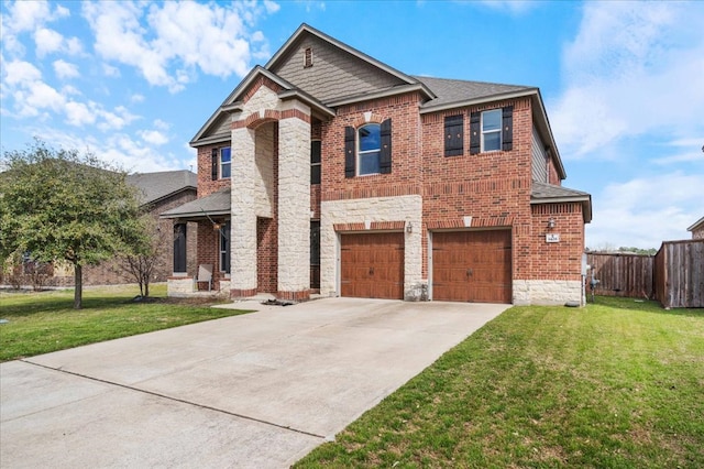 view of front of property with a front yard, an attached garage, brick siding, and concrete driveway