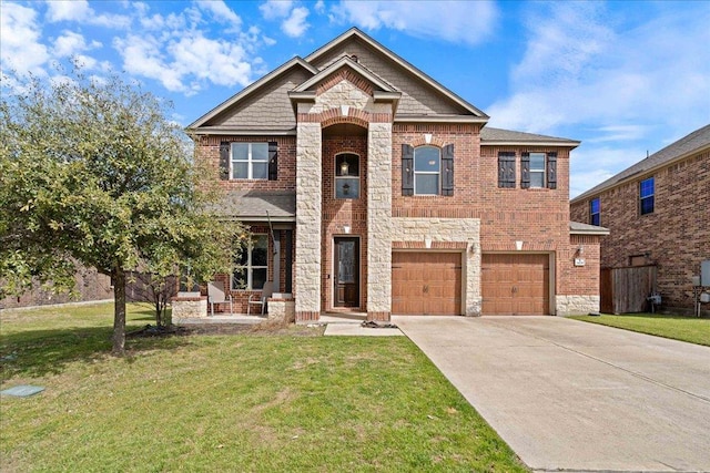 view of front of house with brick siding, stone siding, and a front lawn