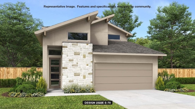 contemporary home with concrete driveway, fence, stone siding, and stucco siding