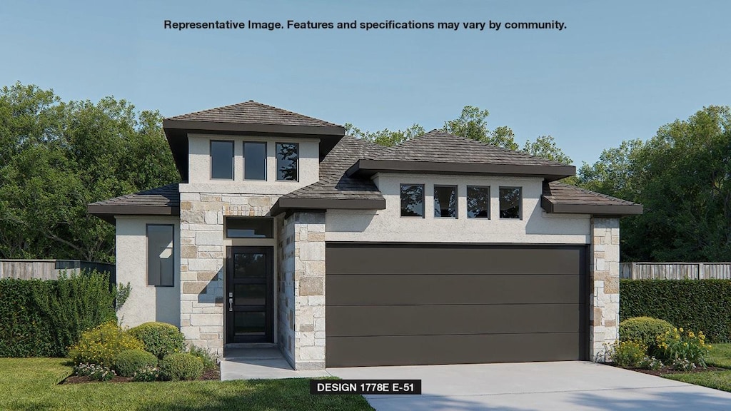 prairie-style house featuring stucco siding, stone siding, and concrete driveway