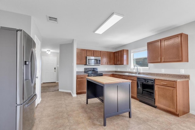 kitchen featuring brown cabinetry, baseboards, visible vents, a sink, and black appliances