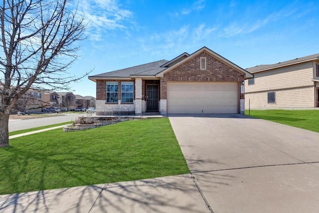 view of front of house featuring driveway, an attached garage, a shingled roof, a front lawn, and brick siding