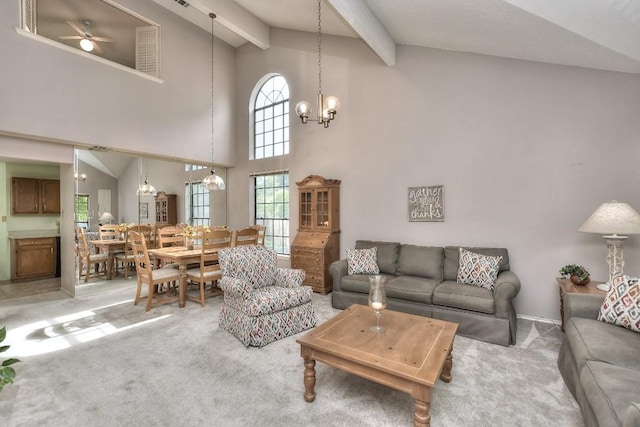 living room featuring beamed ceiling, light colored carpet, a chandelier, and high vaulted ceiling