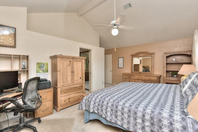 bedroom featuring visible vents, light carpet, beamed ceiling, a ceiling fan, and a textured ceiling