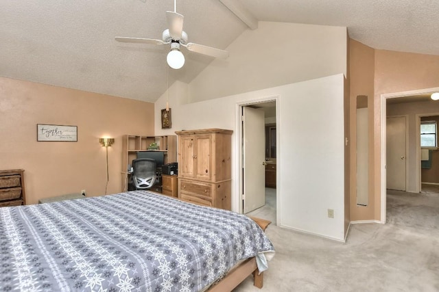 bedroom with baseboards, light carpet, a textured ceiling, and vaulted ceiling with beams