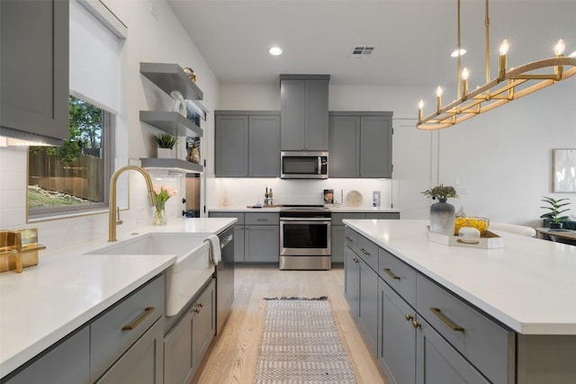 kitchen with gray cabinets, open shelves, a sink, stainless steel appliances, and light countertops