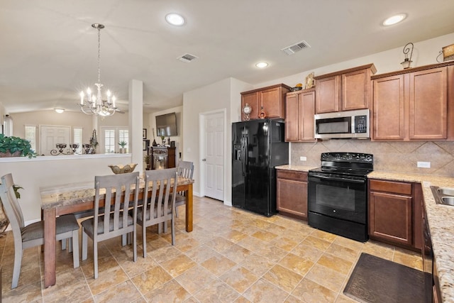 kitchen with brown cabinetry, visible vents, black appliances, and decorative backsplash