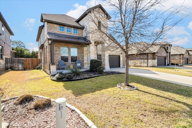 view of front of property with driveway, fence, a front yard, a shingled roof, and brick siding