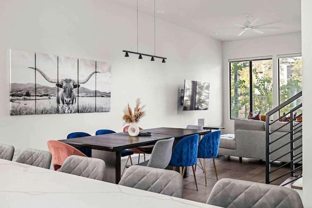 dining area featuring stairway and a ceiling fan