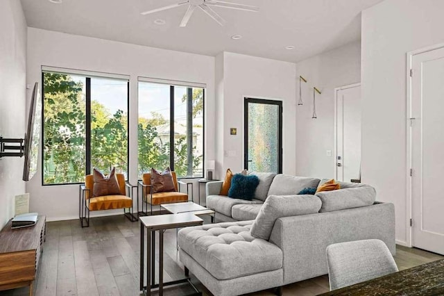 living room featuring ceiling fan, baseboards, and wood finished floors