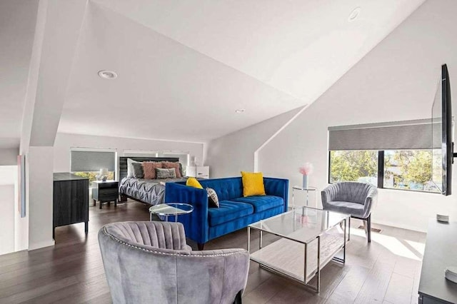 bedroom with hardwood / wood-style floors and vaulted ceiling