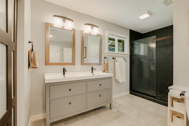 bathroom featuring a sink, double vanity, visible vents, and a stall shower