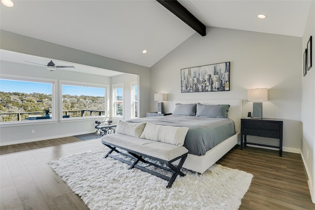 bedroom with recessed lighting, baseboards, wood finished floors, and vaulted ceiling with beams