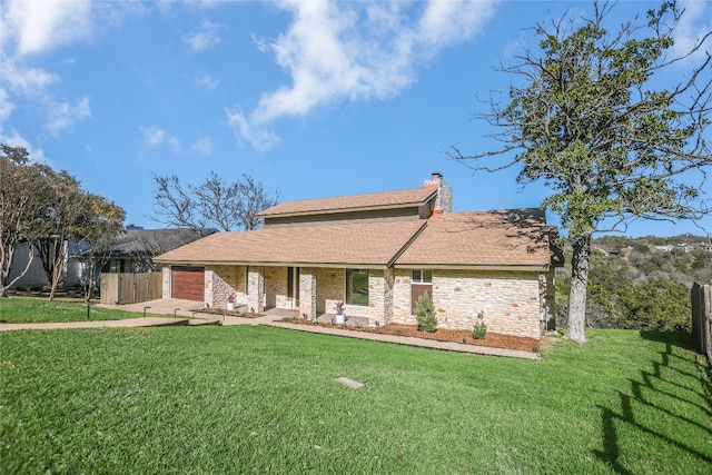 8603 Appalachian Dr, Austin, TX 78759 - view of front of property featuring an attached garage, a chimney, concrete driveway, and stone siding
