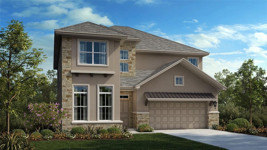 view of front of house featuring a garage, stone siding, driveway, and stucco siding