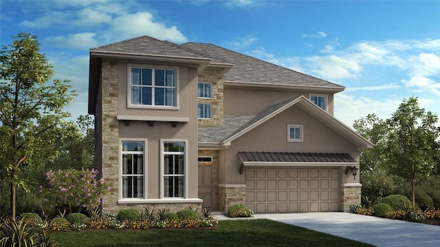 view of front of house featuring a garage, stone siding, driveway, and stucco siding