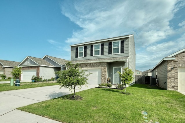 traditional-style house featuring fence, concrete driveway, a front lawn, and central AC