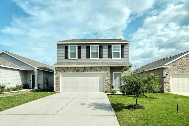 view of front of house featuring driveway, brick siding, and a front lawn